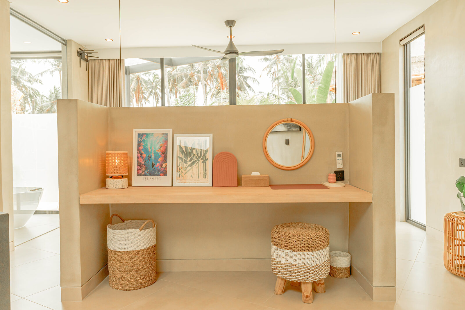 Dressing area with vanity and tropical views